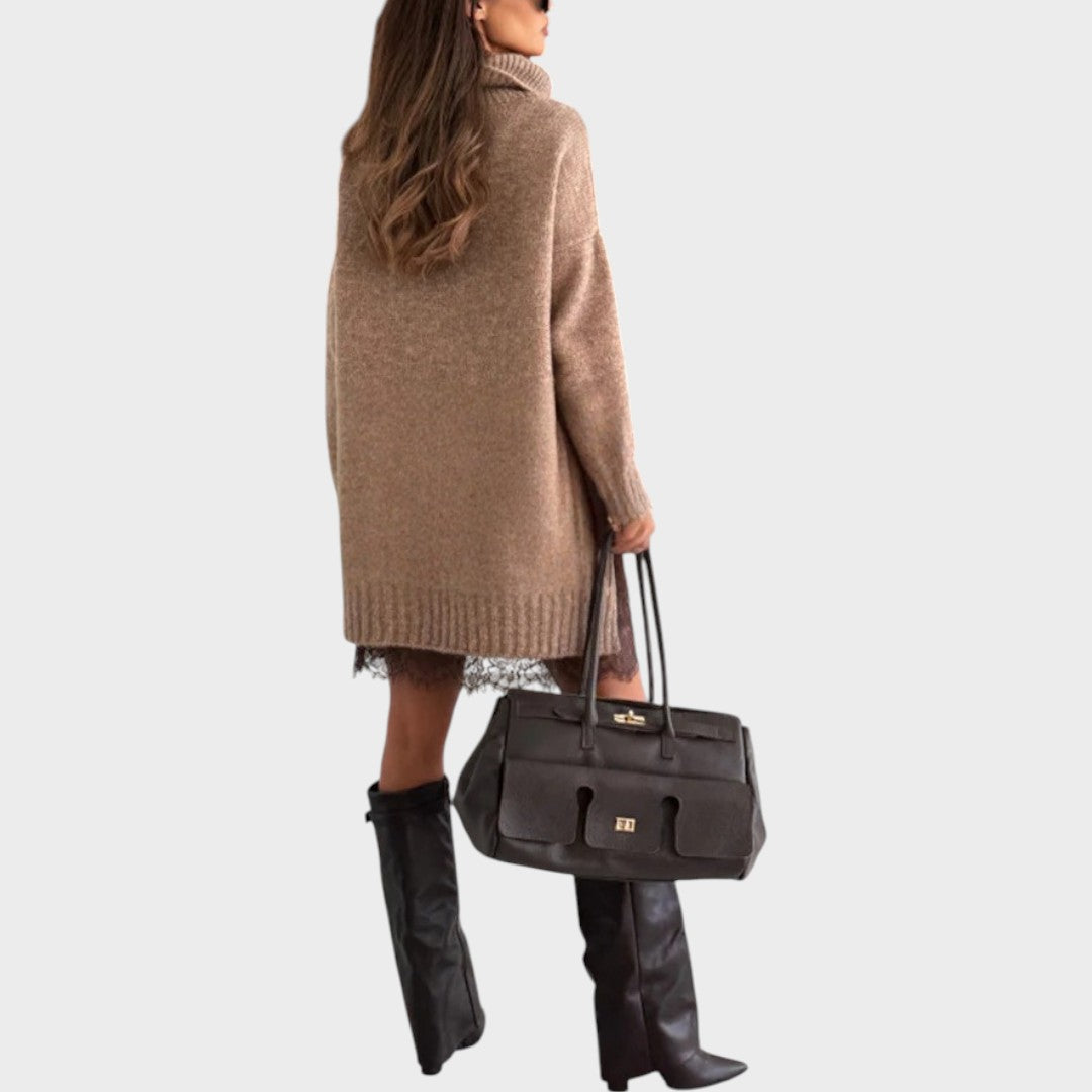 Camille oversized turtleneck sweater dress with lace hem – image 9