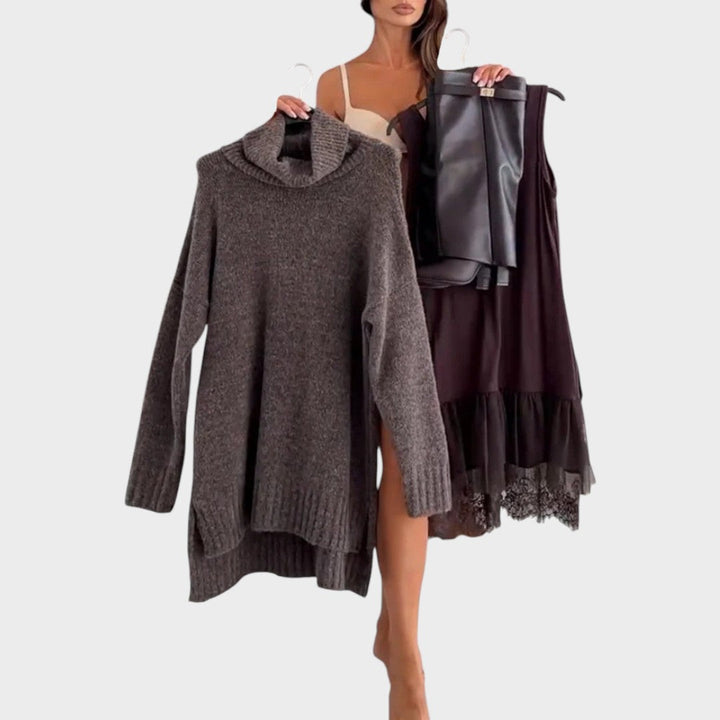 Camille oversized turtleneck sweater dress with lace hem – image 7