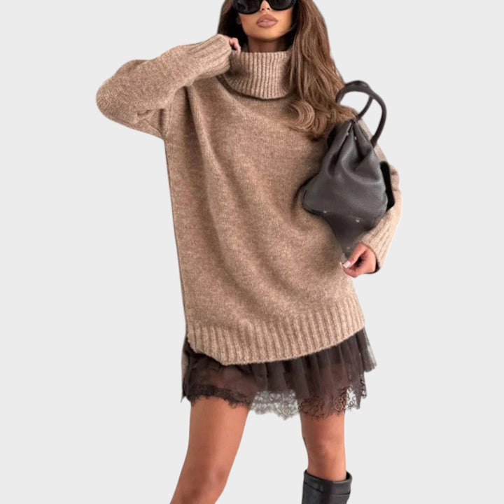Camille oversized turtleneck sweater dress with lace hem – image 8