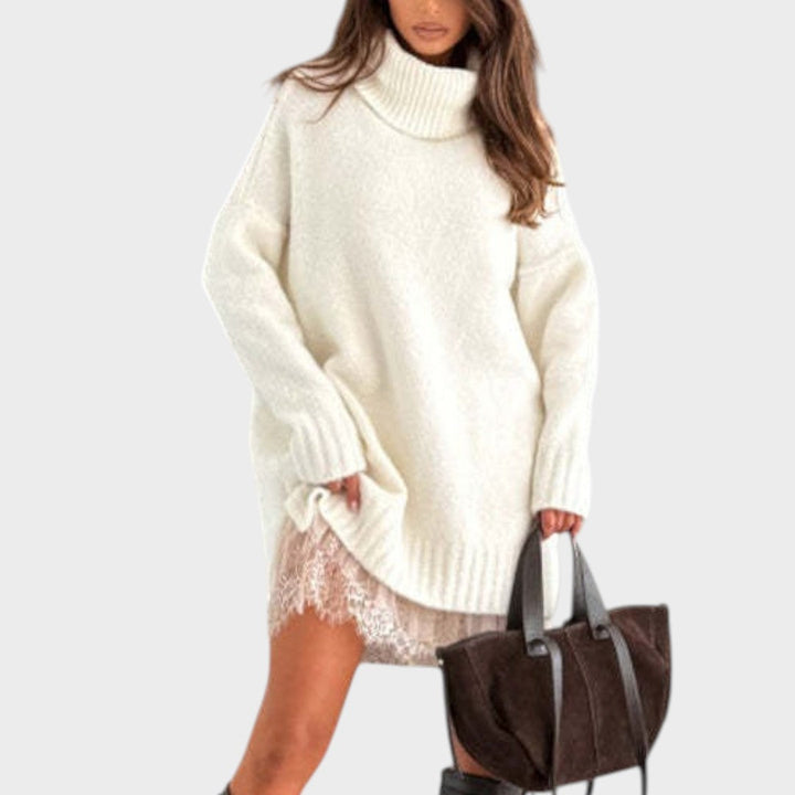 Camille oversized turtleneck sweater dress with lace hem – image 11