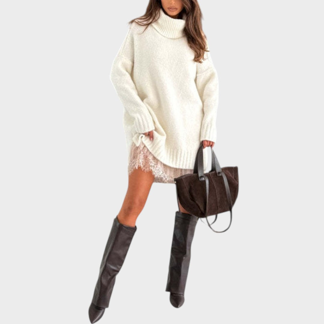 Camille oversized turtleneck sweater dress with lace hem – image 13