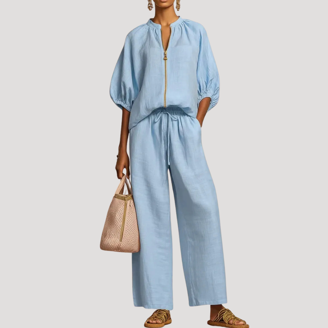 Lilah zip front top and wide leg pants set