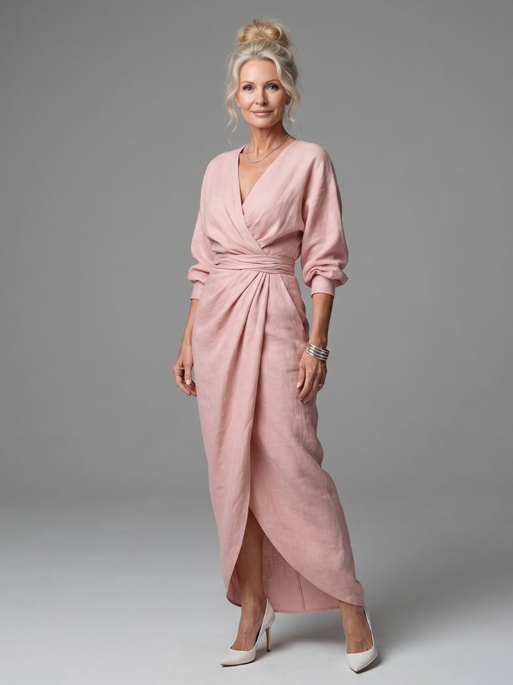 Talia long sleeve draped wrap maxi dress