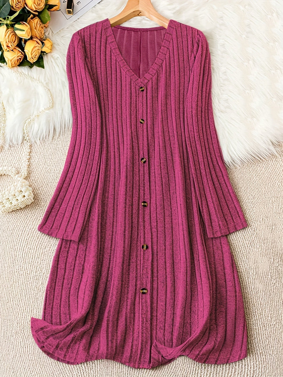 Maya ribbed v neck button front sweater dress – image 9
