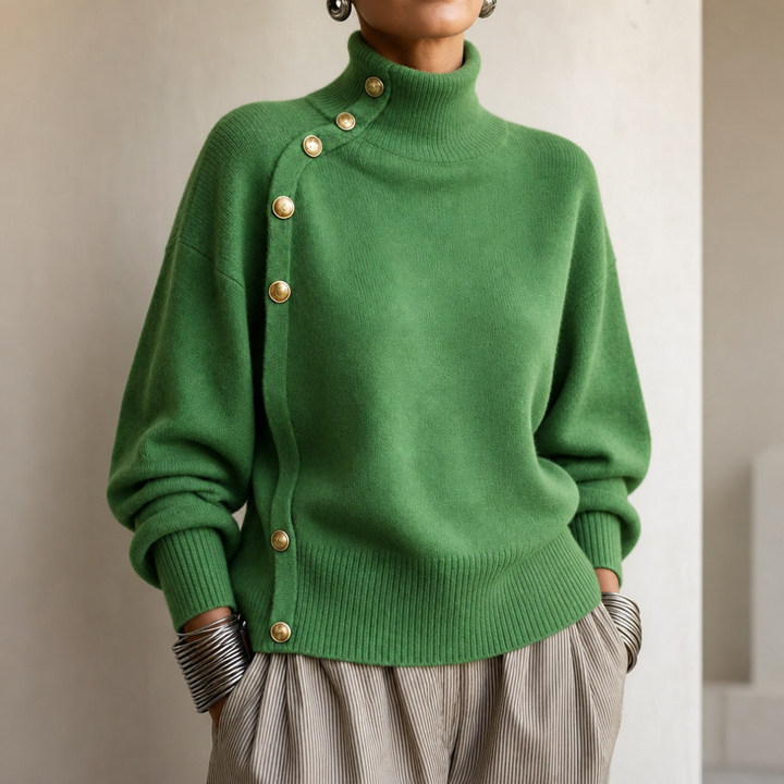 Waverly mock neck sweater with gold buttons