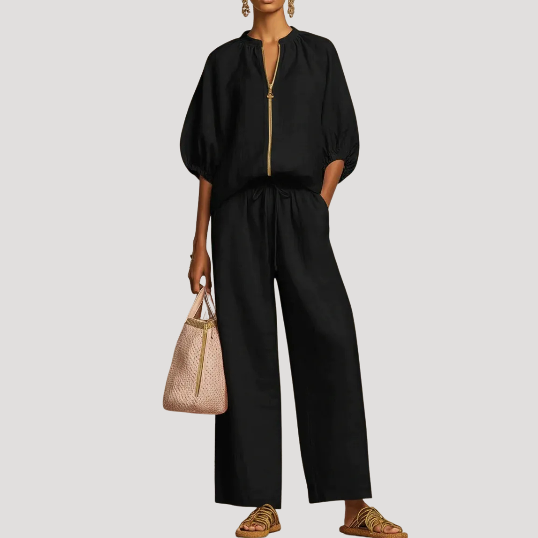Lilah zip front top and wide leg pants set – image 2