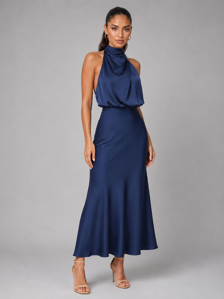 Violet satin high neck midi dress – image 7
