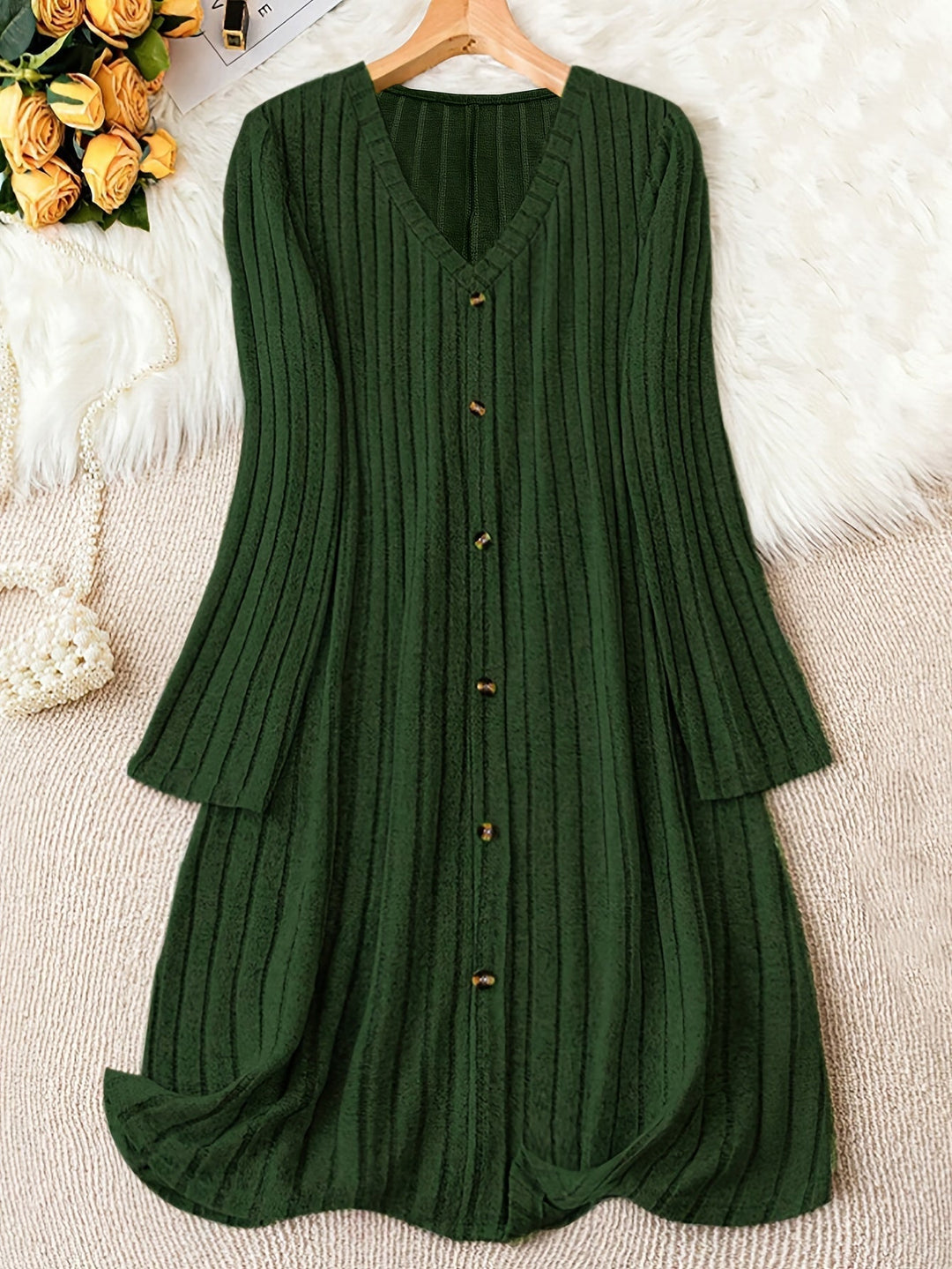 Maya ribbed v neck button front sweater dress – image 8