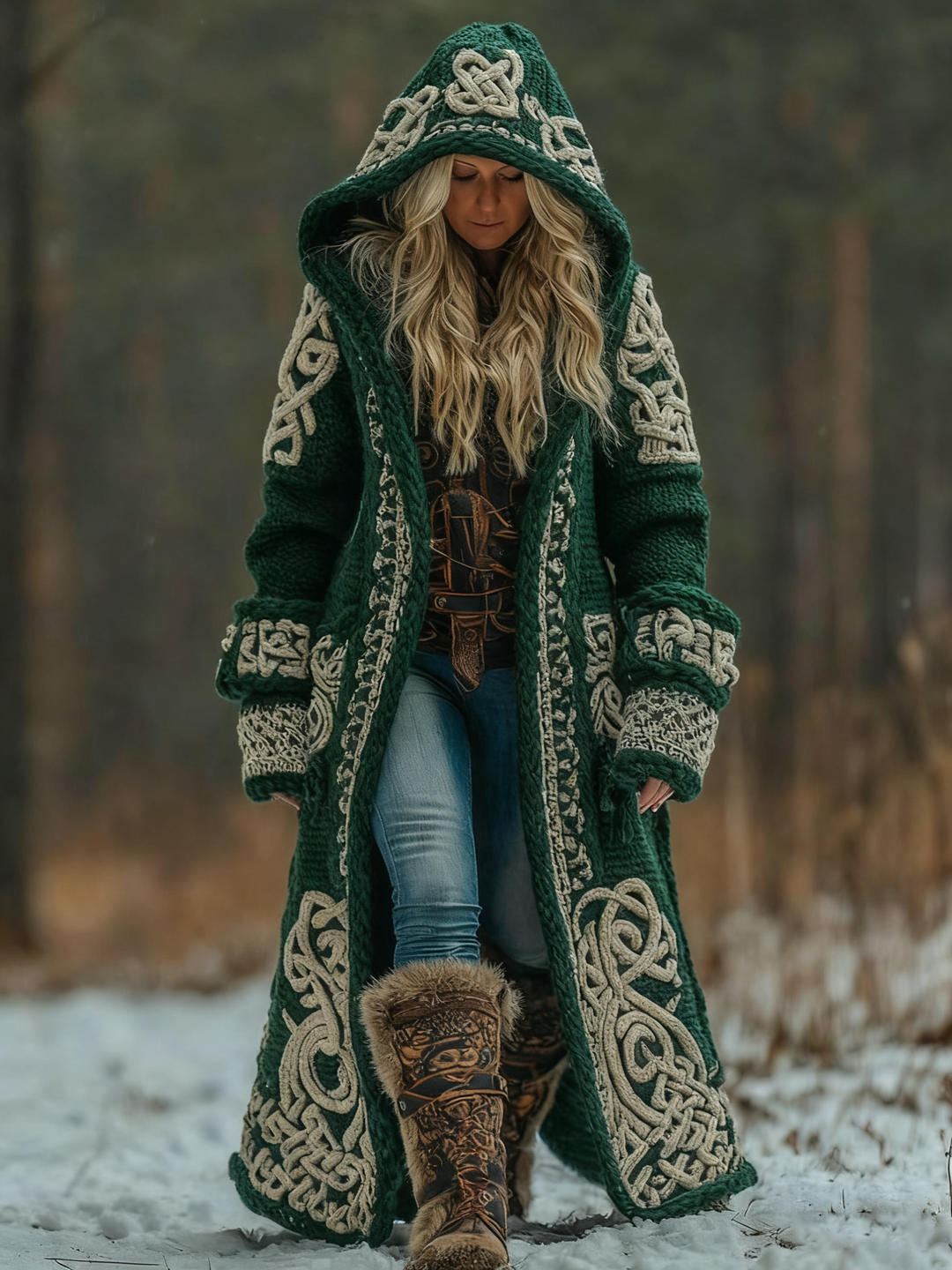 Ivy hooded long knit coat with Celtic pattern – image 5