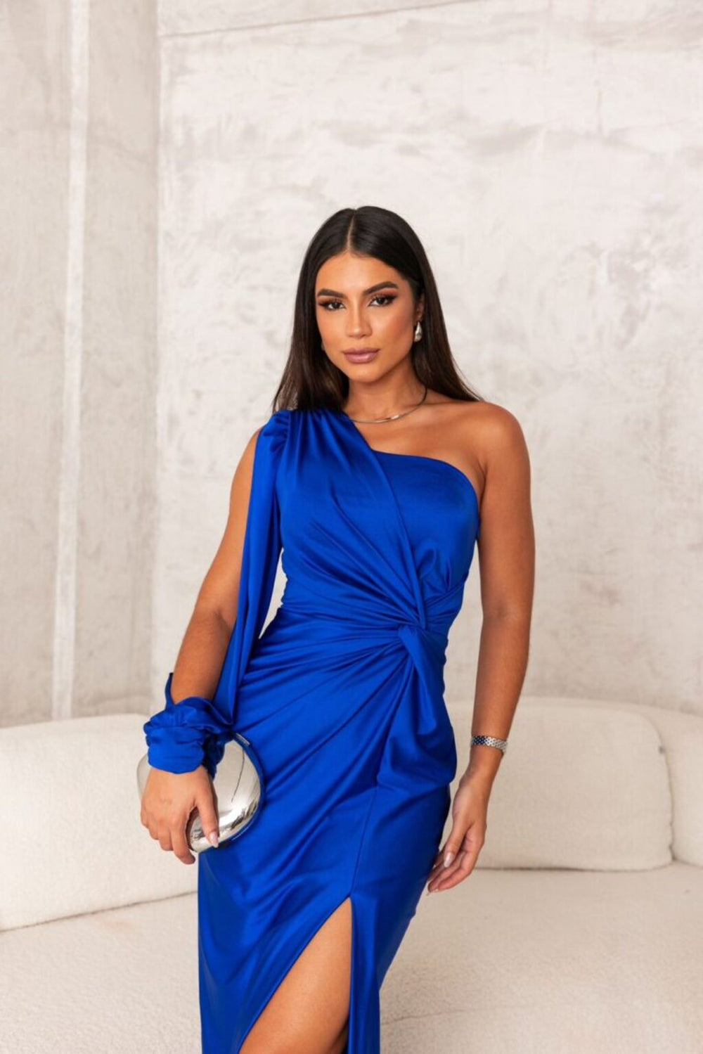 Oriana one shoulder long sleeve satin maxi dress – image 2