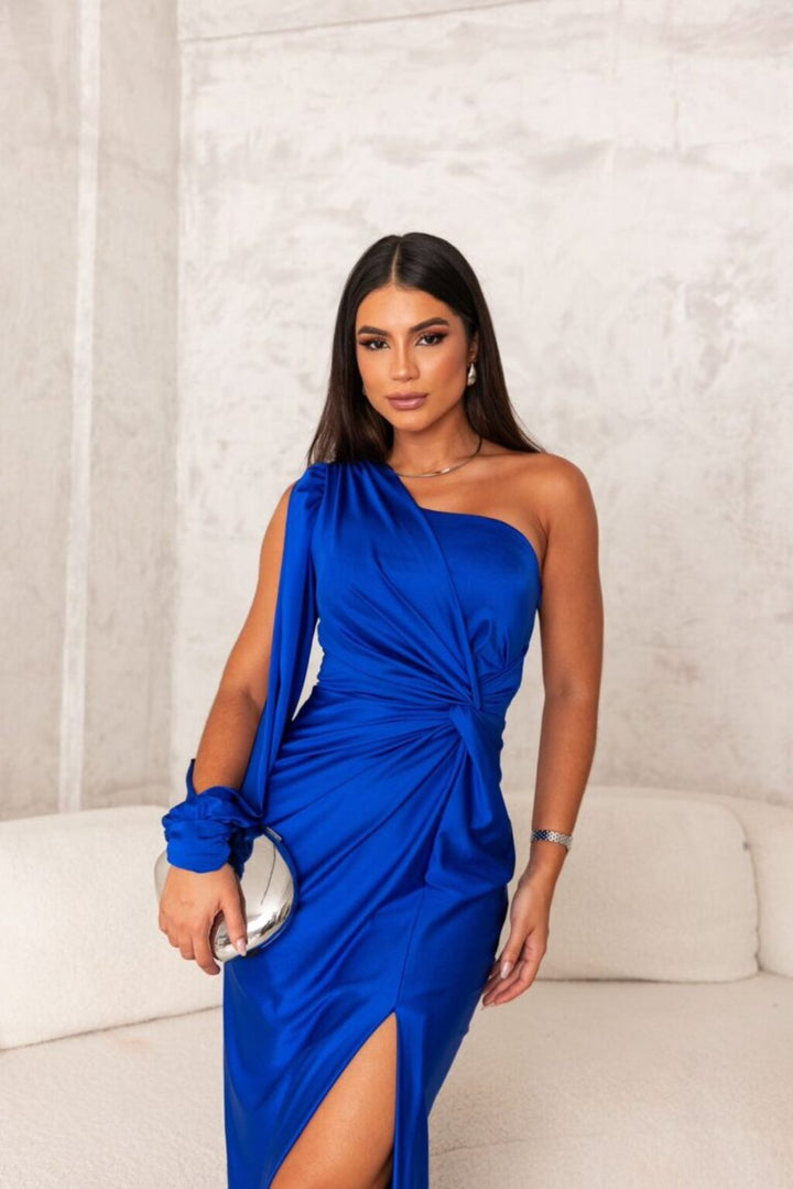 Oriana one shoulder long sleeve satin maxi dress – image 2