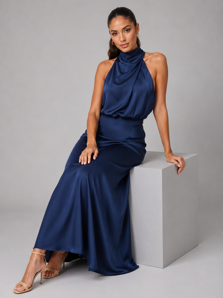 Violet satin high neck midi dress – image 5