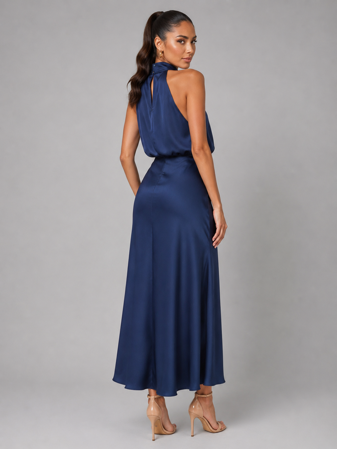 Violet satin high neck midi dress – image 6