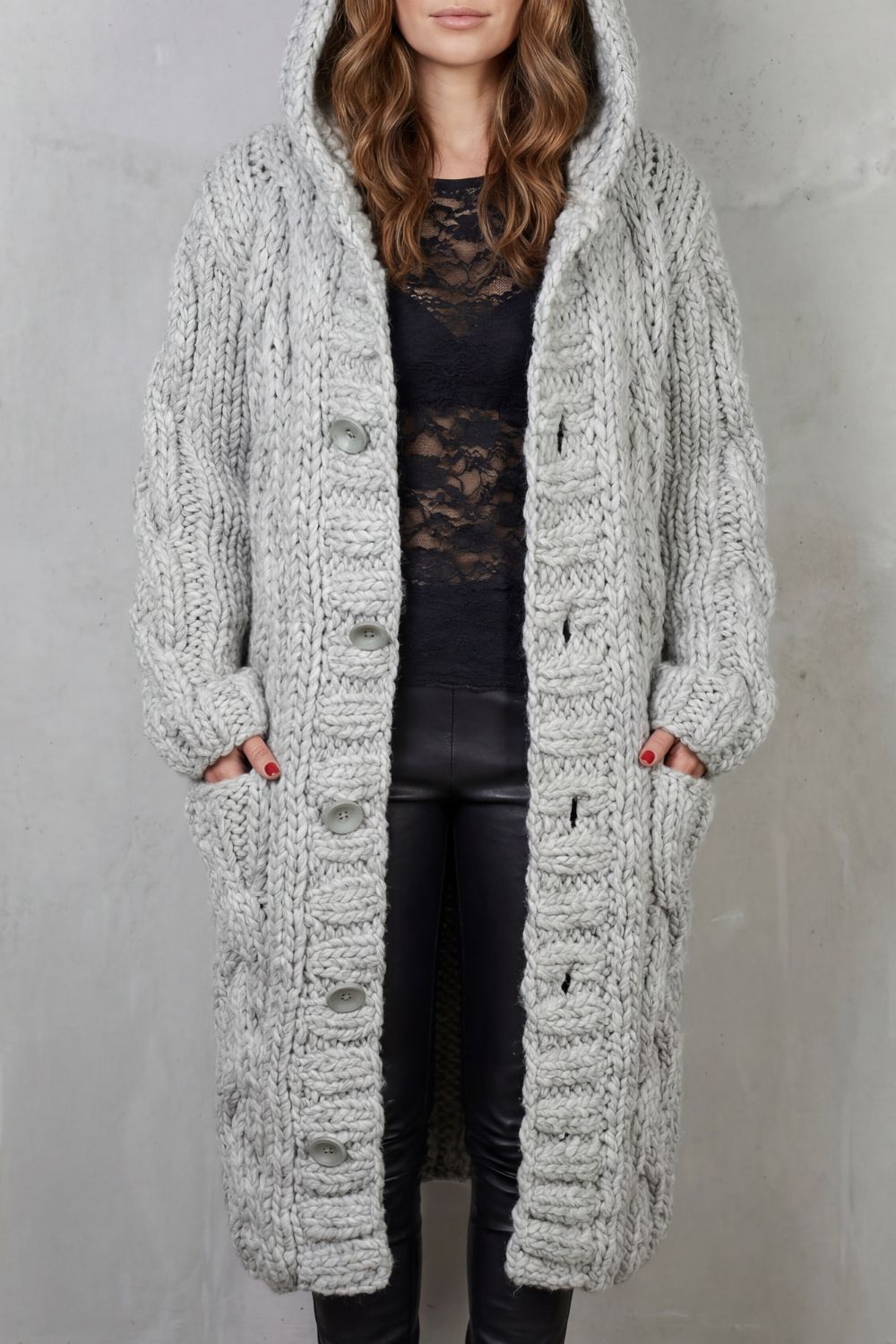 Leah oversized hooded cable knit cardigan coat – image 7