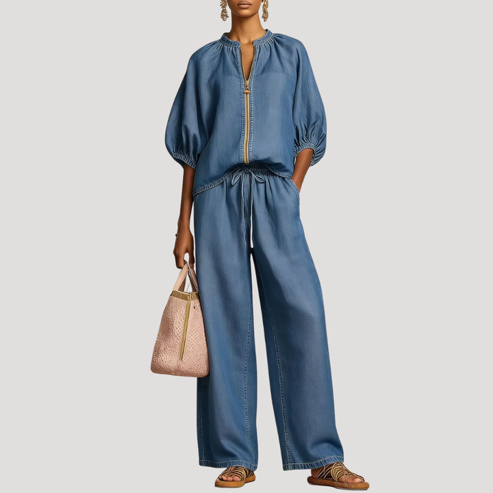 Lilah zip front top and wide leg pants set – image 8