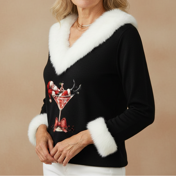 Tinsley faux fur trim V neck Christmas sweater – image 3