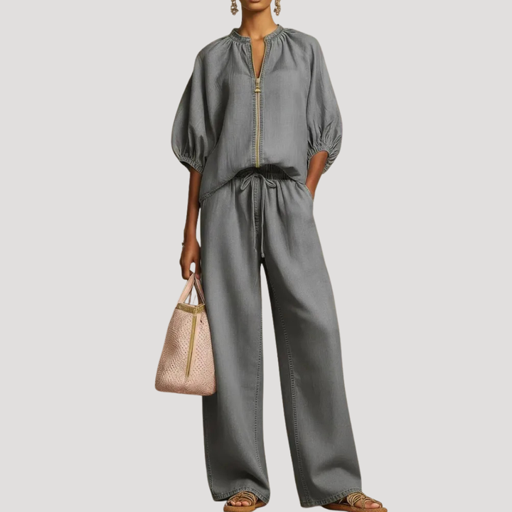 Lilah zip front top and wide leg pants set – image 9