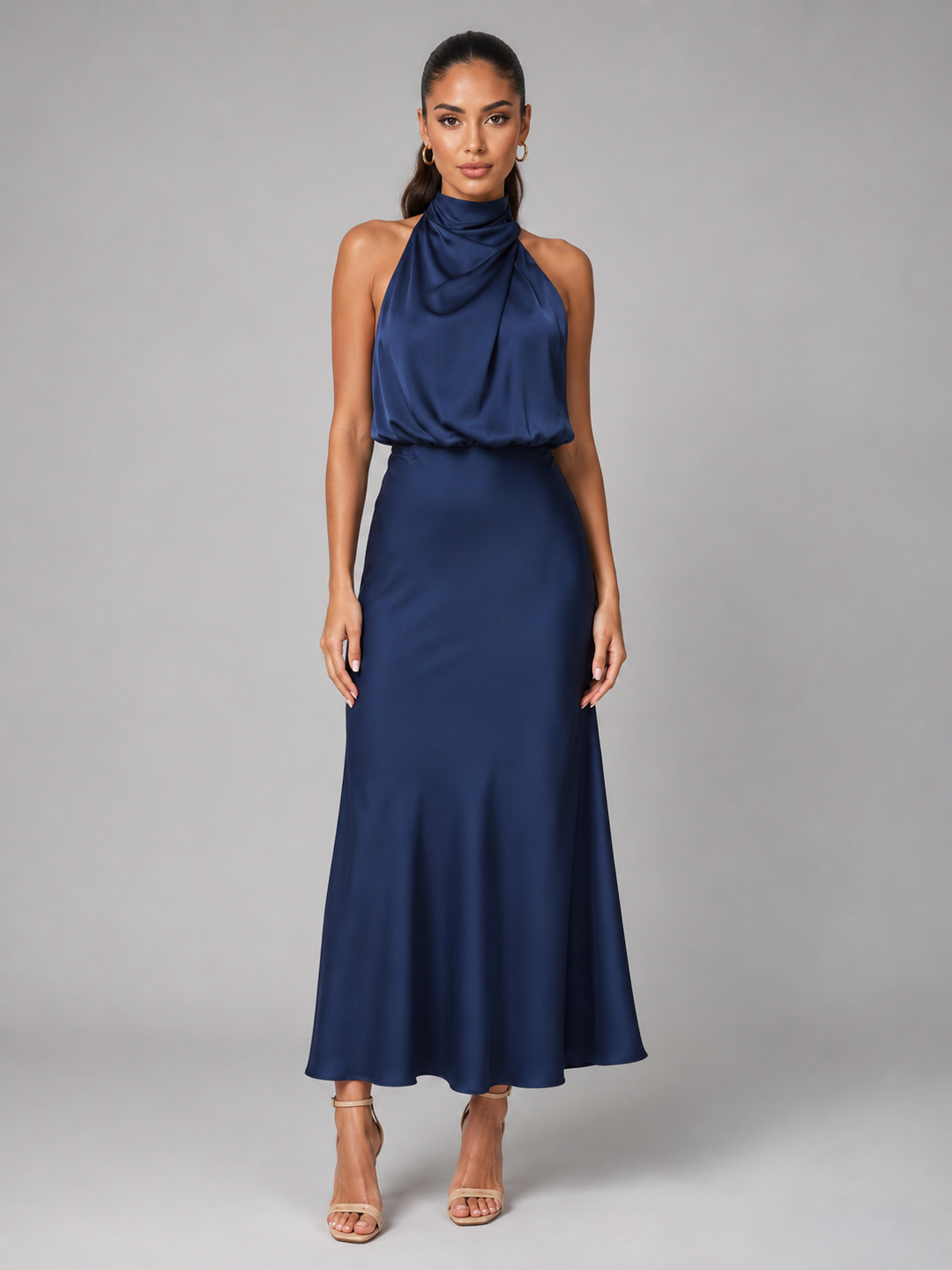 Violet satin high neck midi dress