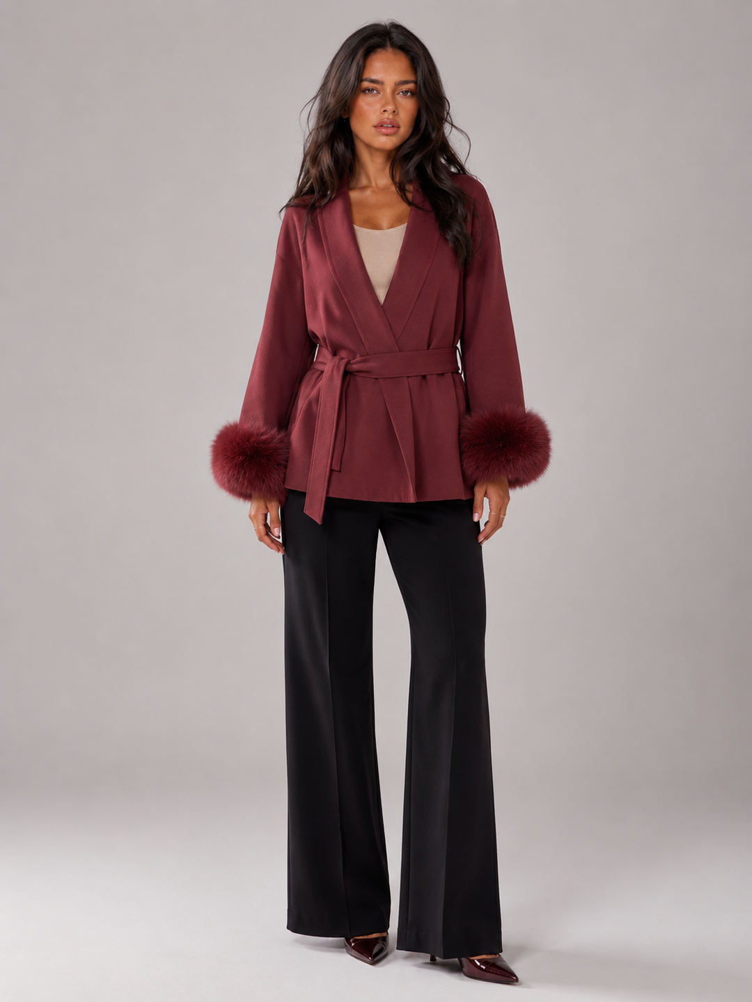 Kimberly belted coat with faux fur cuffs