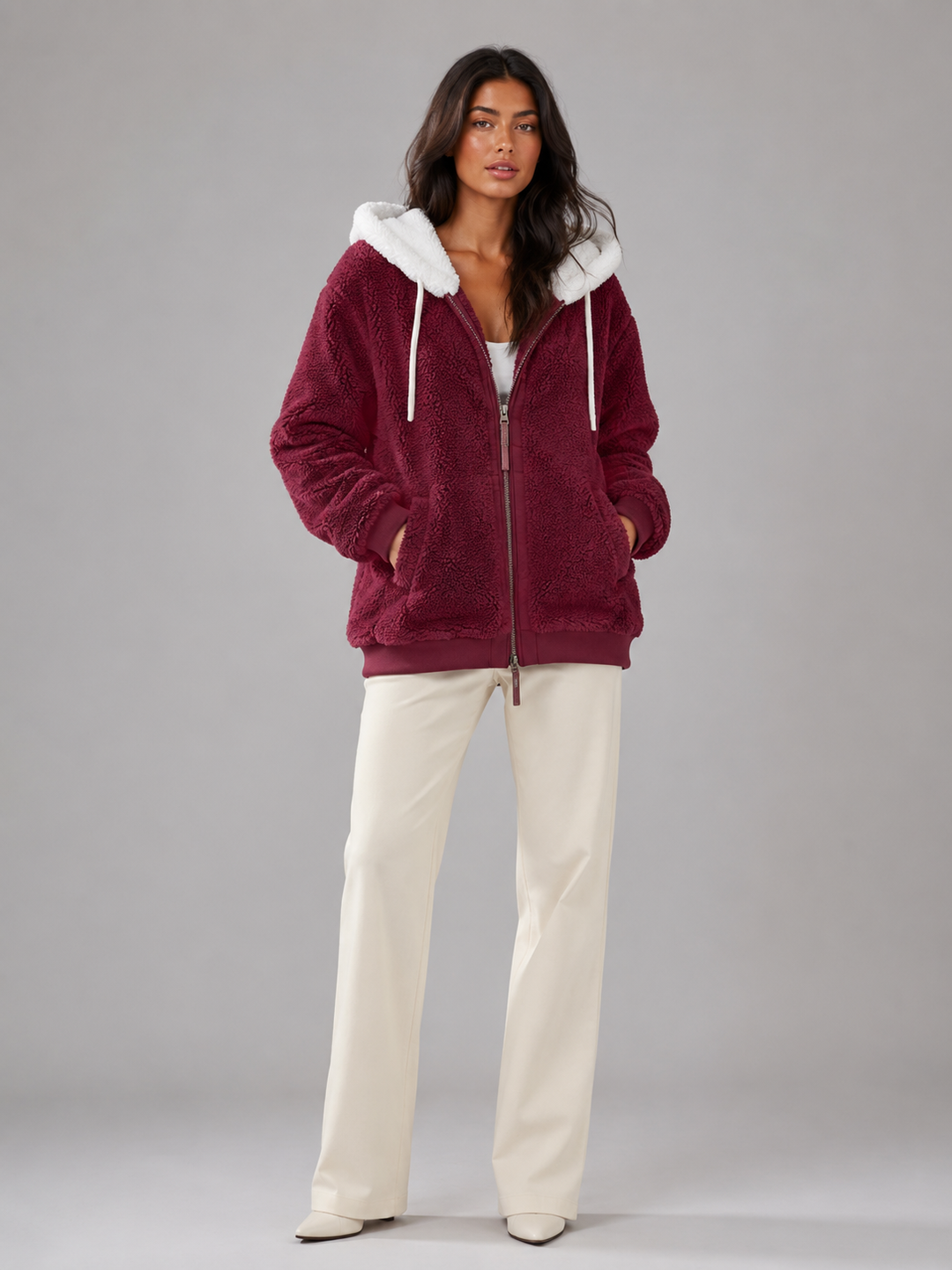 Molly contrast hood sherpa zip up jacket
