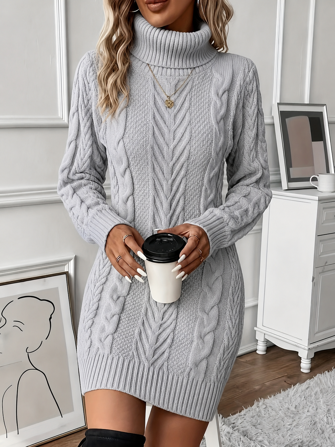 Autumn cable knit turtleneck mini sweater dress – image 6
