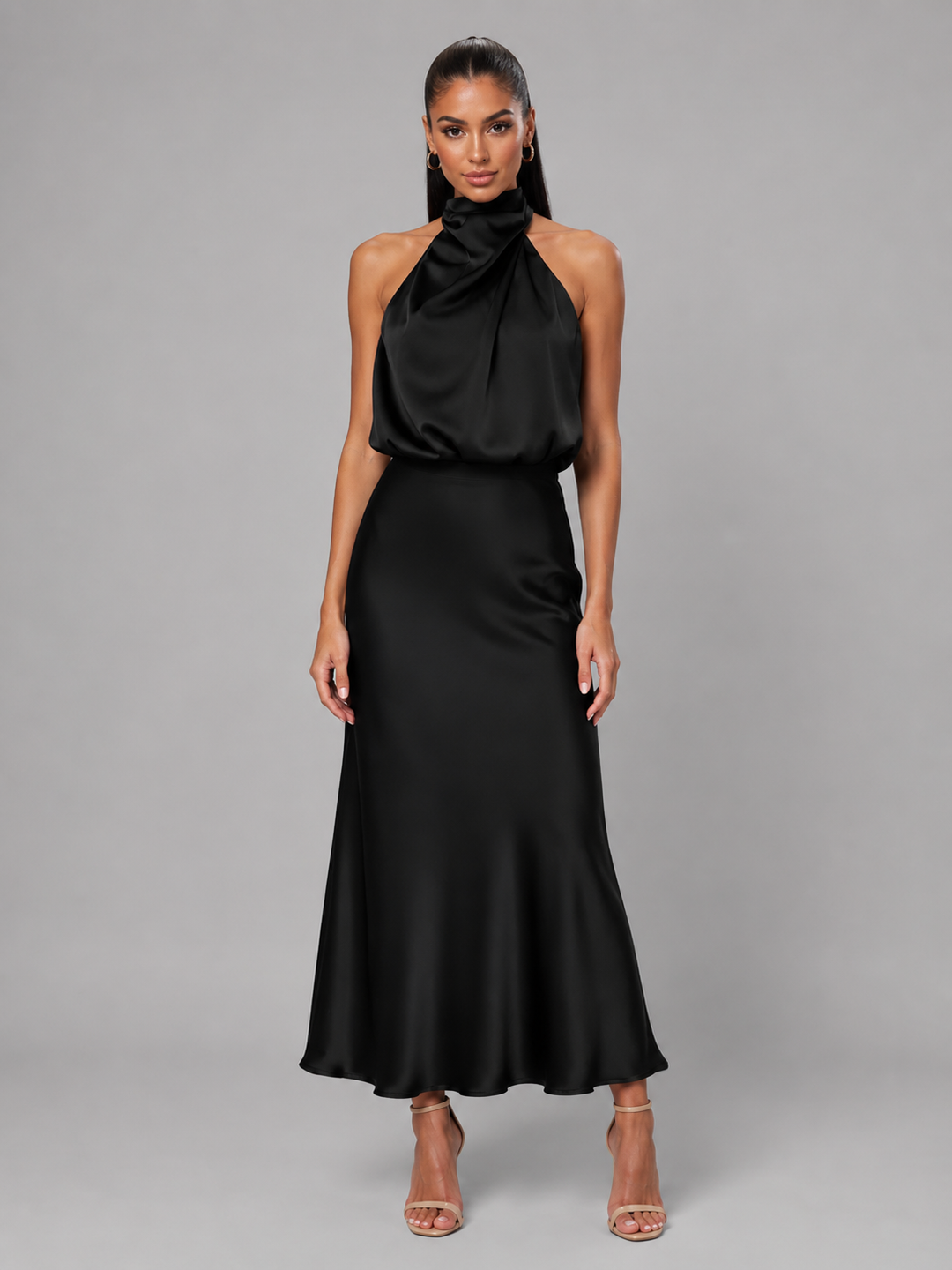 Violet satin high neck midi dress – image 8