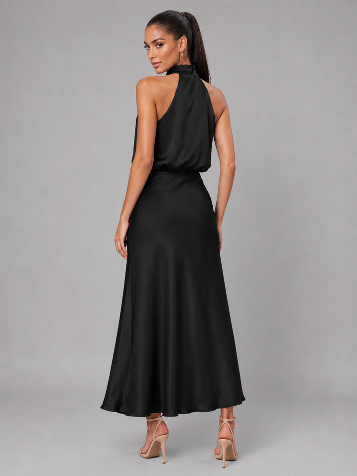 Violet satin high neck midi dress – image 10