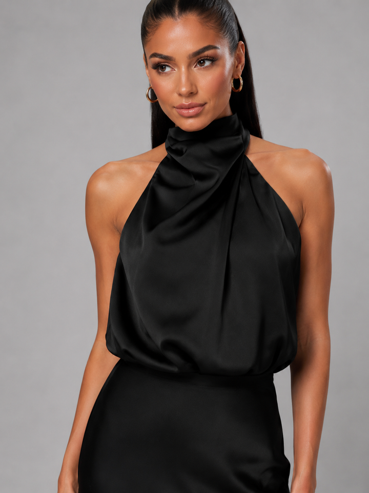 Violet satin high neck midi dress – image 11
