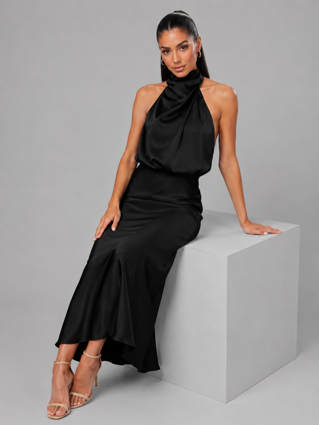 Violet satin high neck midi dress – image 12