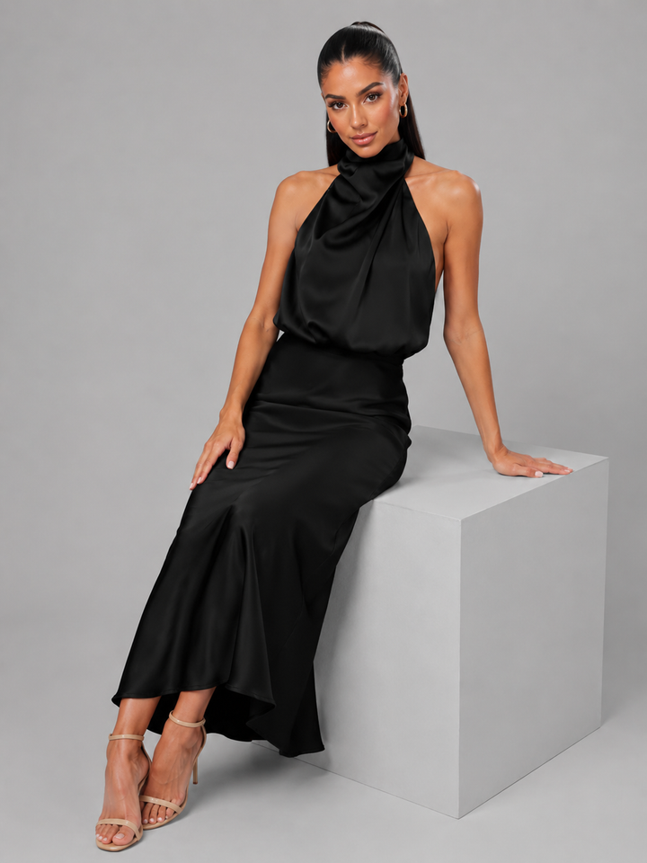 Violet satin high neck midi dress – image 12