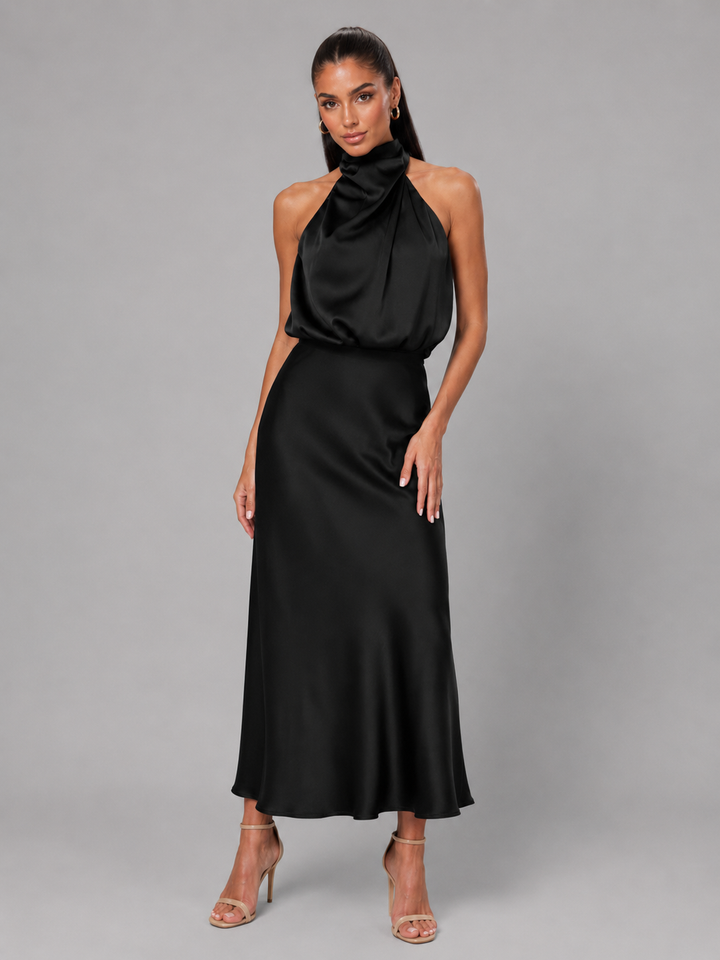 Violet satin high neck midi dress – image 13