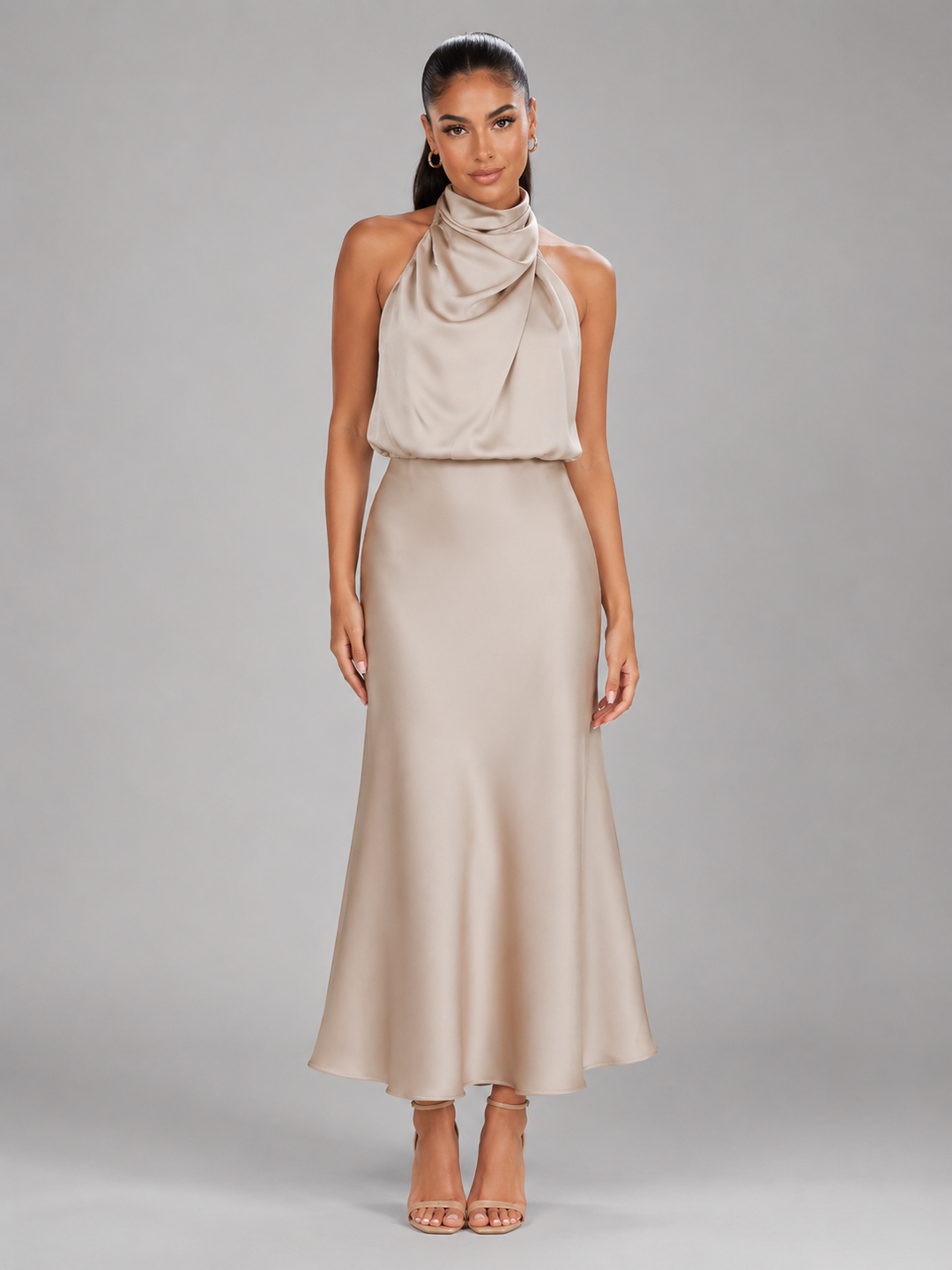 Violet satin high neck midi dress – image 16