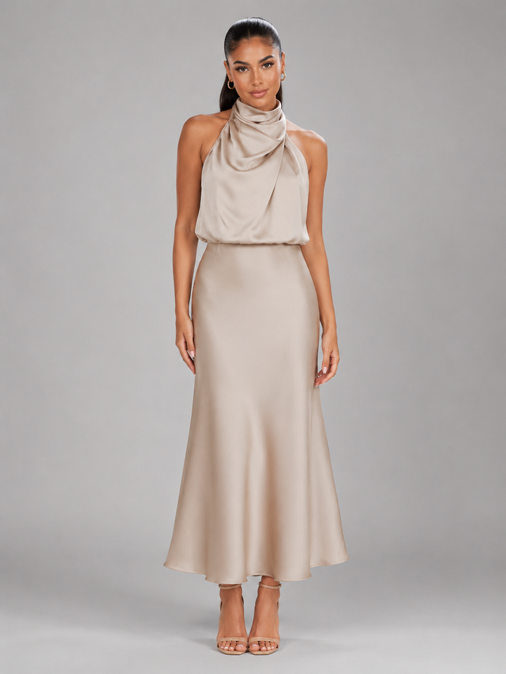 Violet satin high neck midi dress – image 16