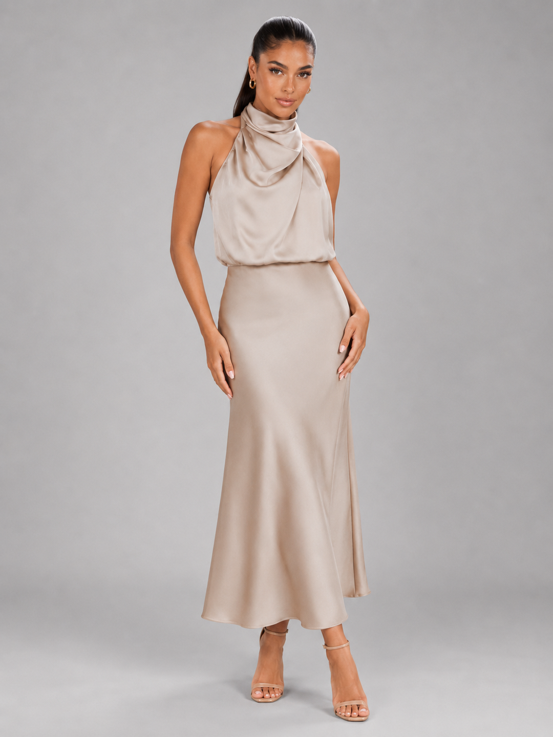Violet satin high neck midi dress – image 17