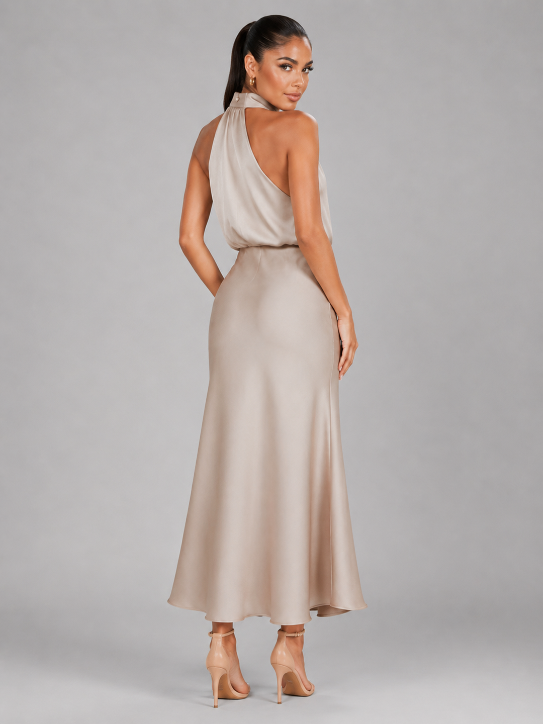 Violet satin high neck midi dress – image 18