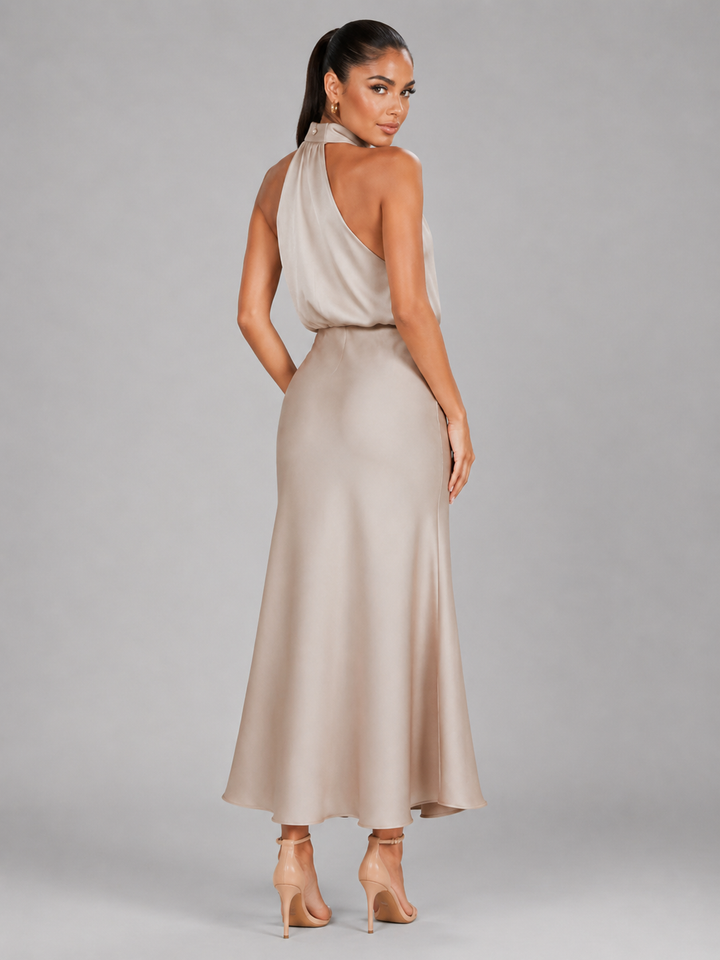 Violet satin high neck midi dress – image 18