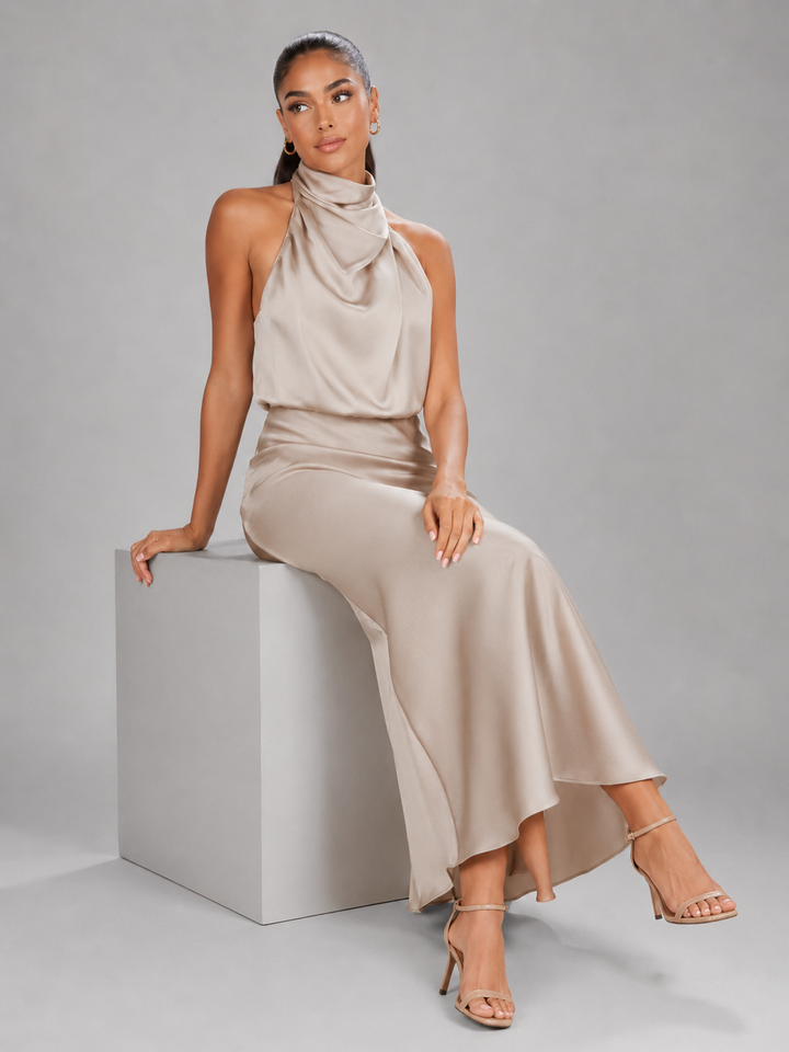Violet satin high neck midi dress – image 20