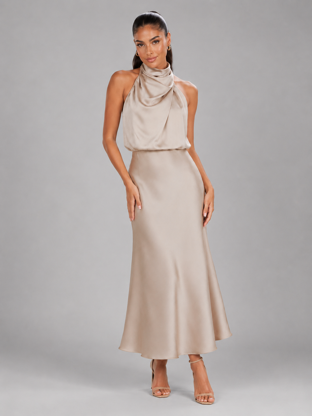 Violet satin high neck midi dress – image 21