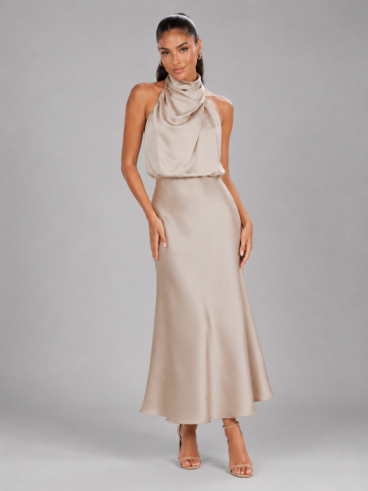 Violet satin high neck midi dress – image 21
