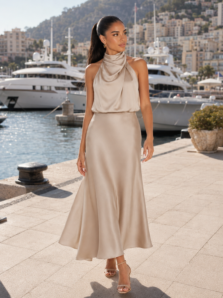Violet satin high neck midi dress – image 23