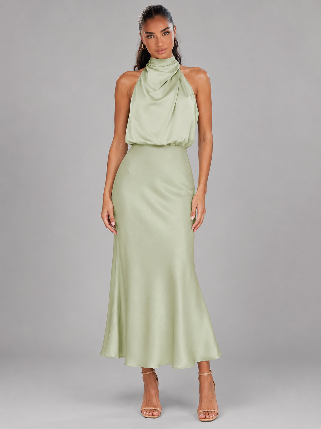 Violet satin high neck midi dress – image 25