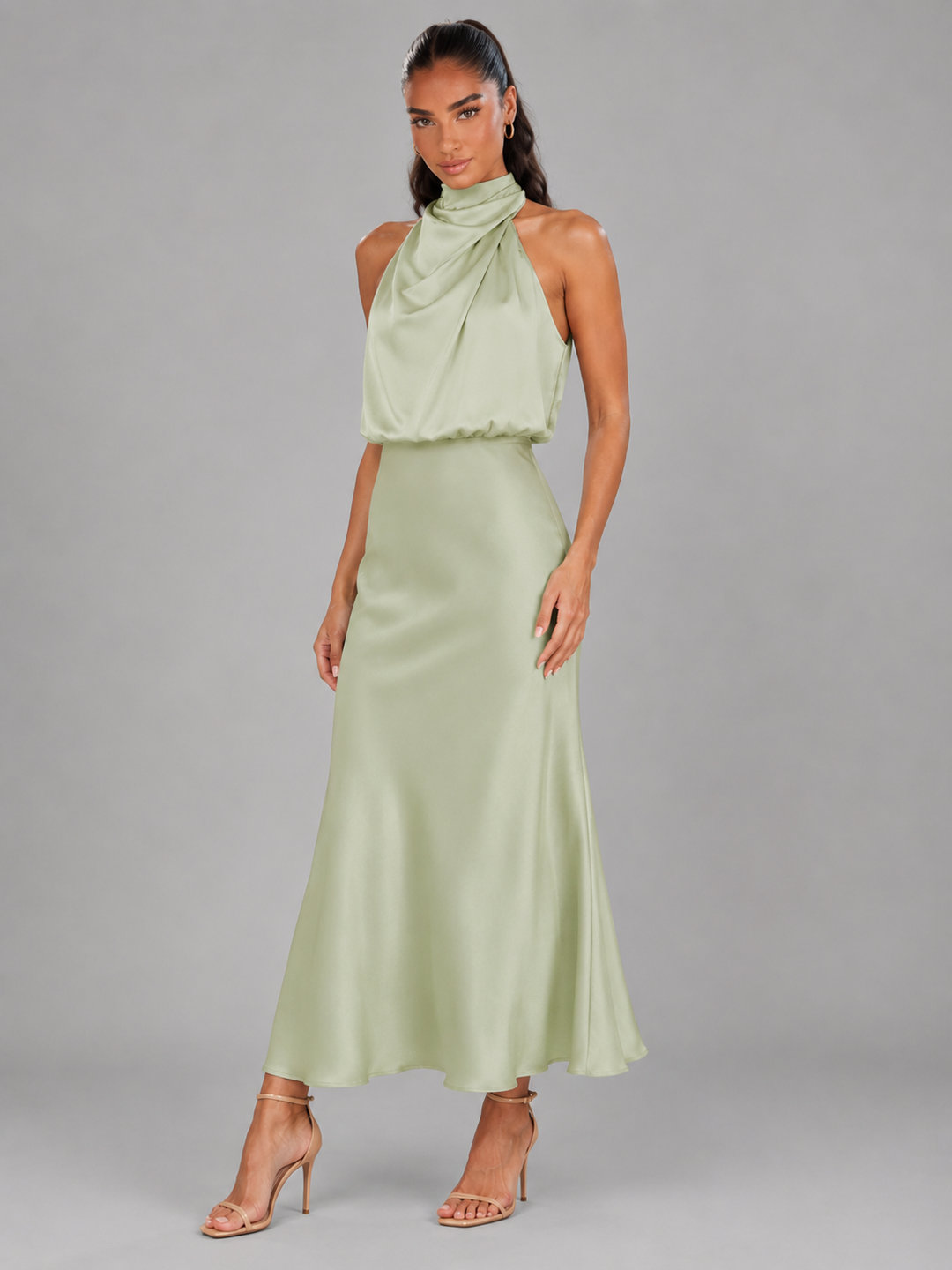 Violet satin high neck midi dress – image 26
