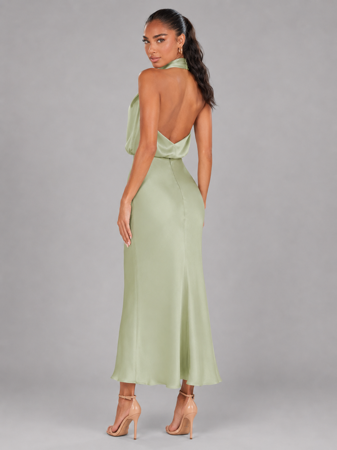 Violet satin high neck midi dress – image 27
