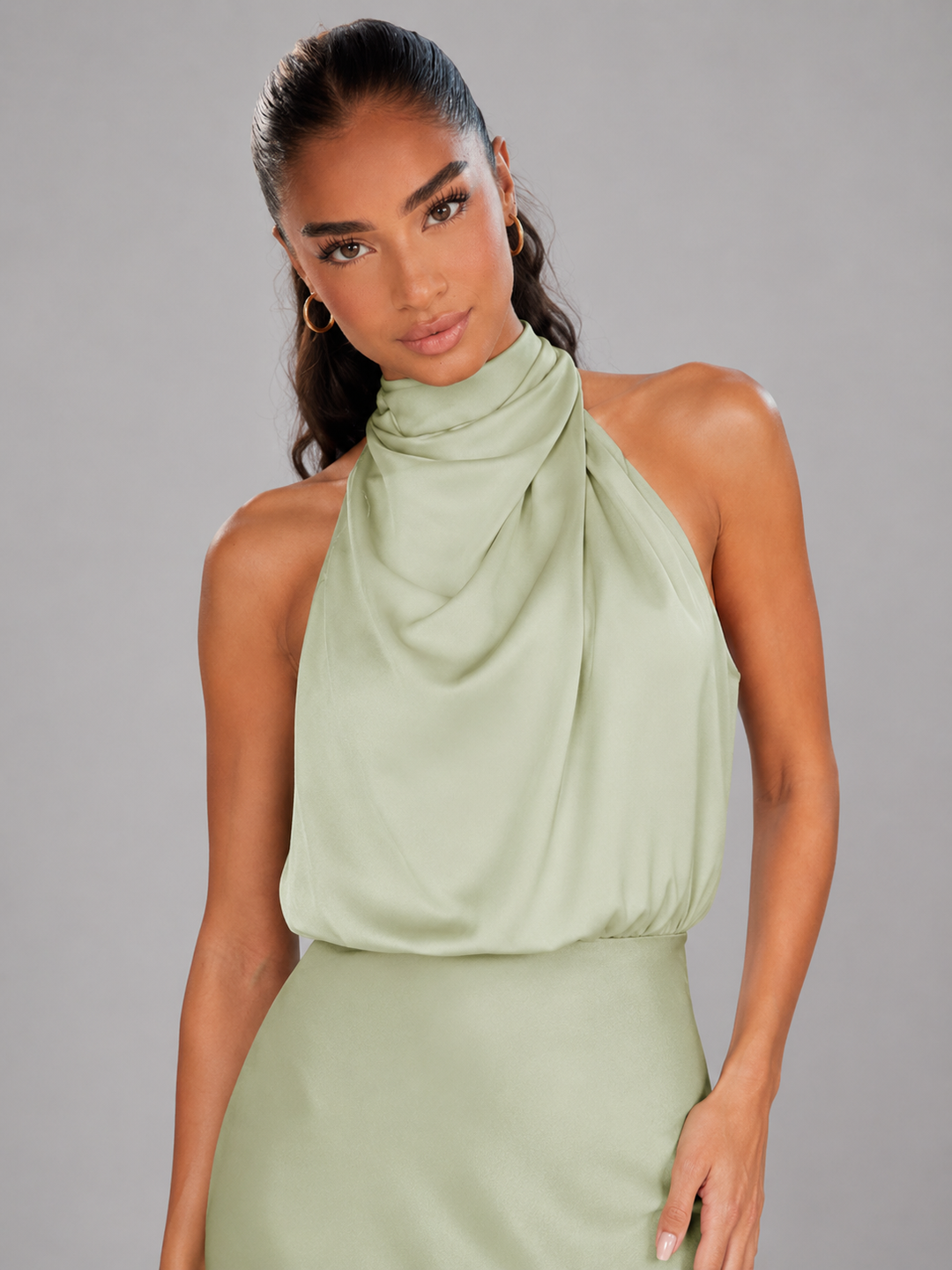 Violet satin high neck midi dress – image 28