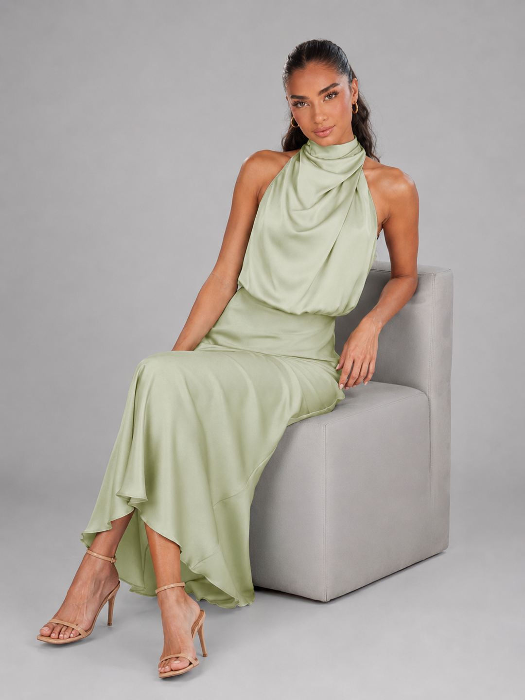 Violet satin high neck midi dress – image 29