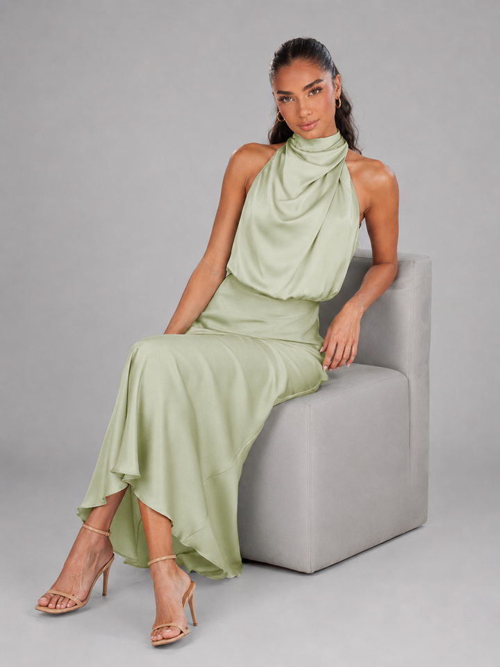 Violet satin high neck midi dress – image 29