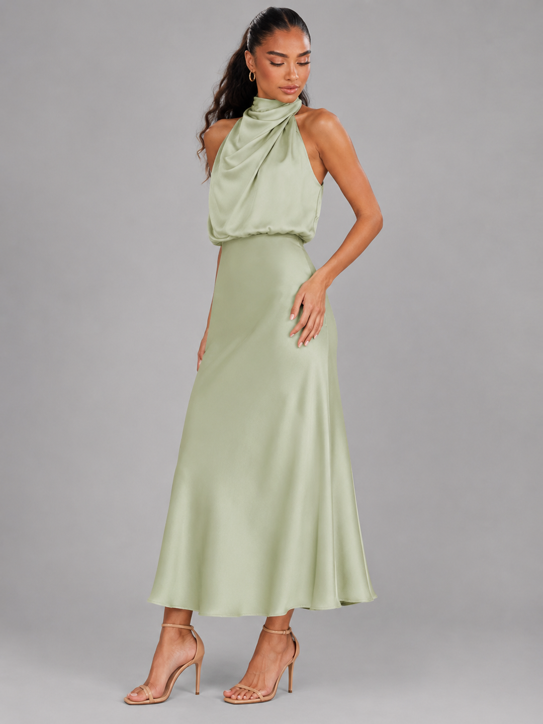 Violet satin high neck midi dress – image 30