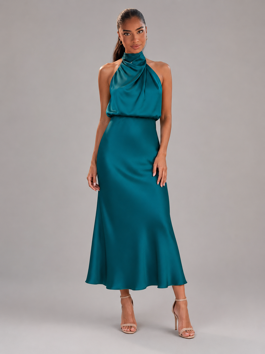 Violet satin high neck midi dress – image 34