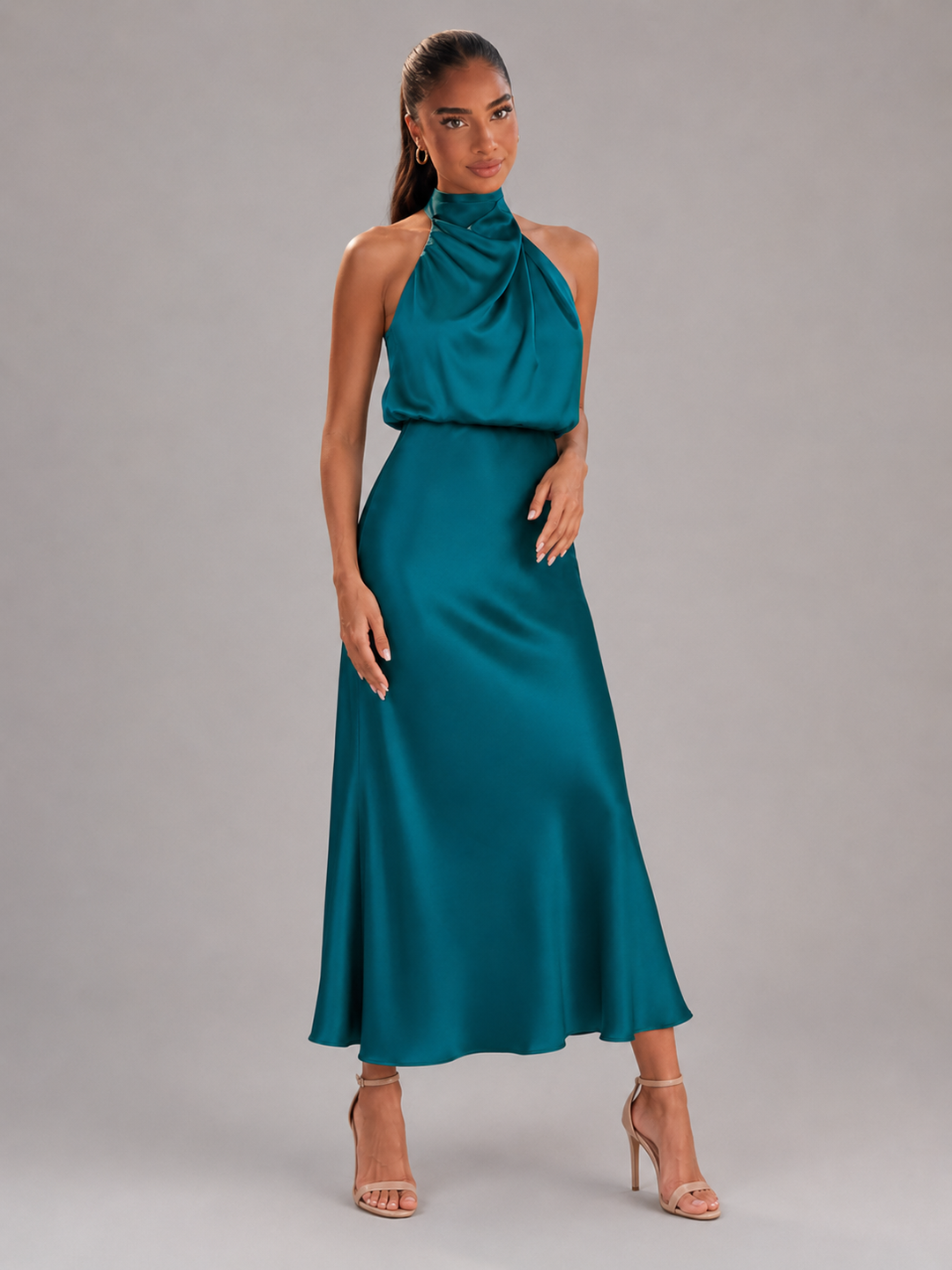 Violet satin high neck midi dress – image 35