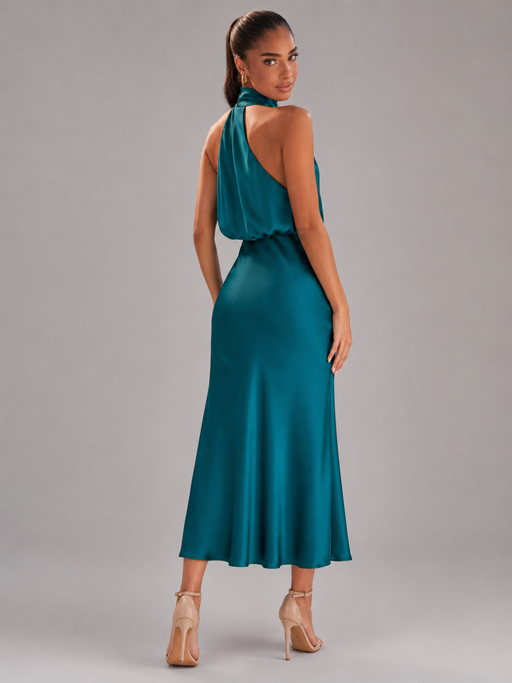 Violet satin high neck midi dress – image 36